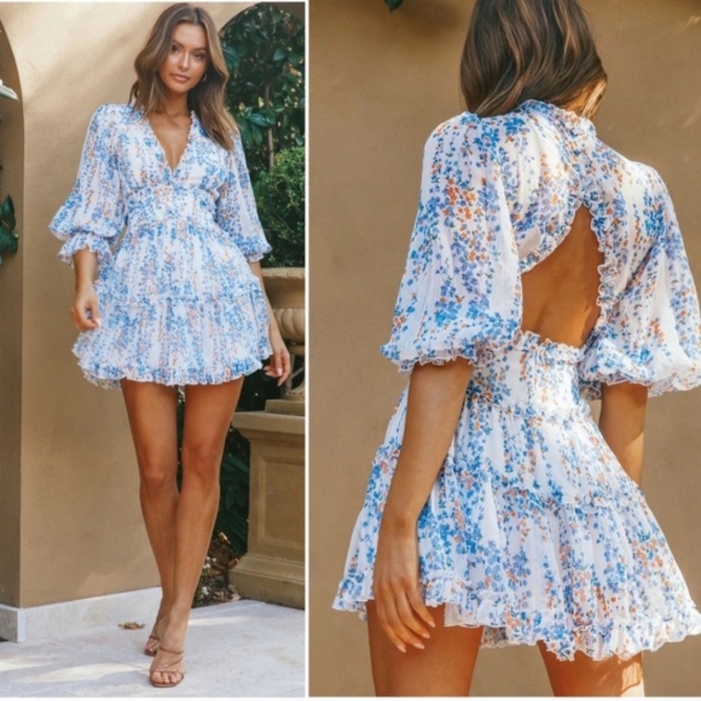 Laney Cutout Back Ruffle Detail Floral Blue and White Dress